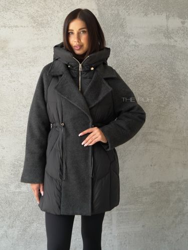 Черный комбинированный пуховик-пальто на кулиске