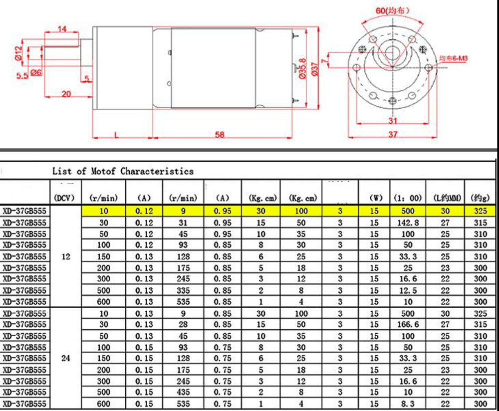 Мотор-редуктор GB37-555/12V/10