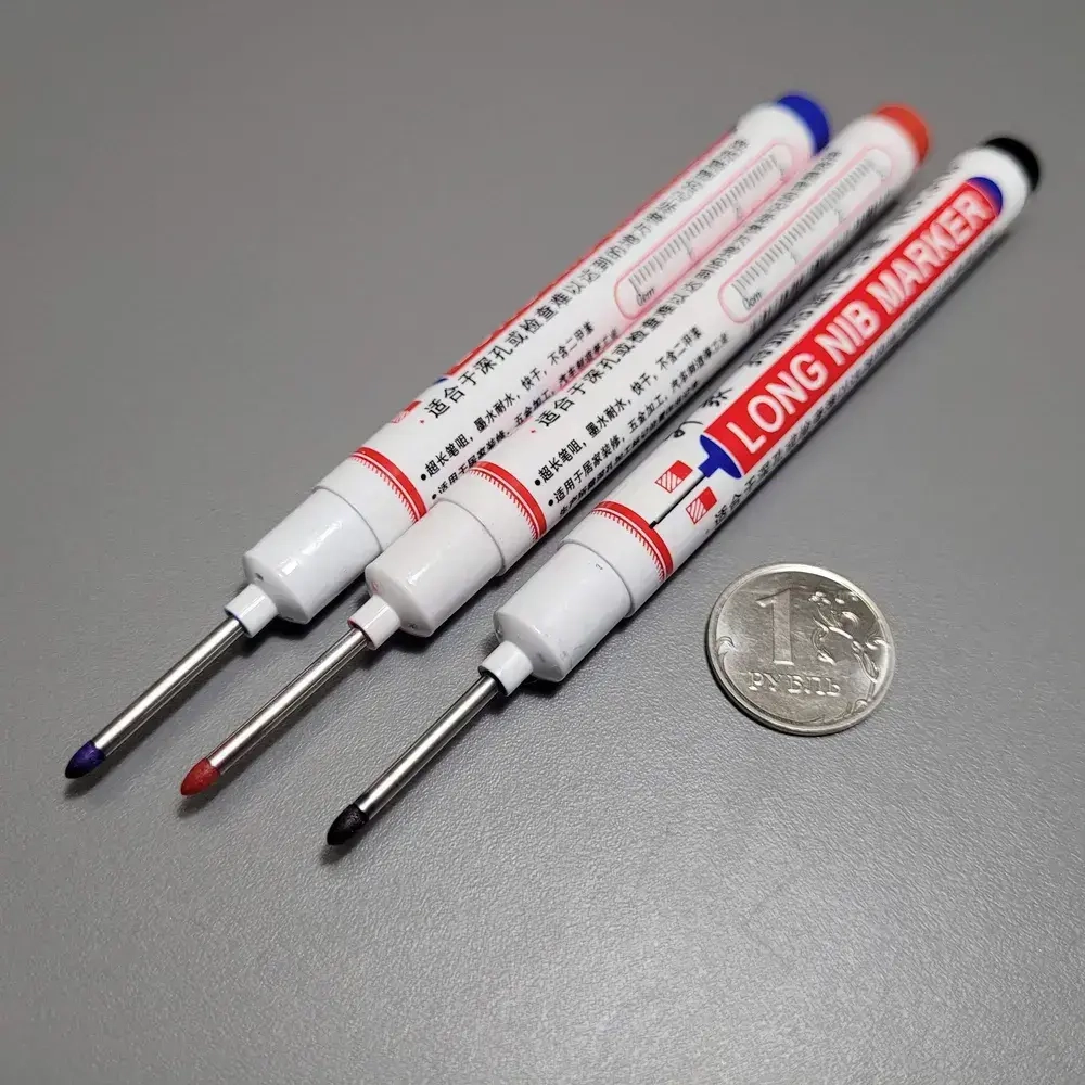 Набор маркеров перманентных с тонким стержнем QBuy, строительный маркер с длинным наконечником, для разметки. черный, синий, красный. 3шт.