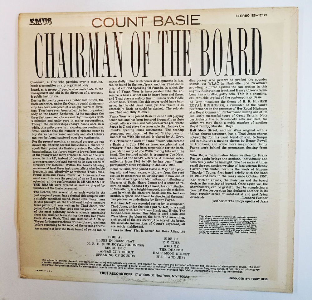 Винтажная виниловая пластинка LP Count Basie Chairman Of The Board (USA 1975)