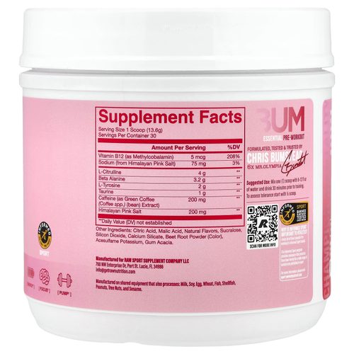 Raw Nutrition, Bum Essentials, предтренировочный комплекс, со вкусом малины и кремовой пасты, 408 г (14,39 унции)