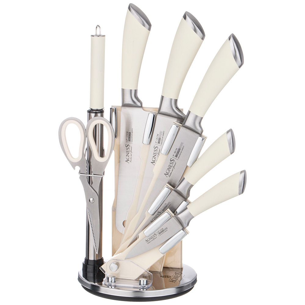 НАБОР НОЖЕЙ AGNESS НЖС НА ПЛАСТИКОВОЙ ВРАЩАЮЩЕЙСЯ ПОДСТАВКЕ 8 ПР. (КОР=6НАБОР.)