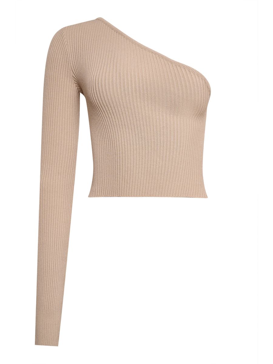 Топ из трикотажа лапша на одно плечо бежевый