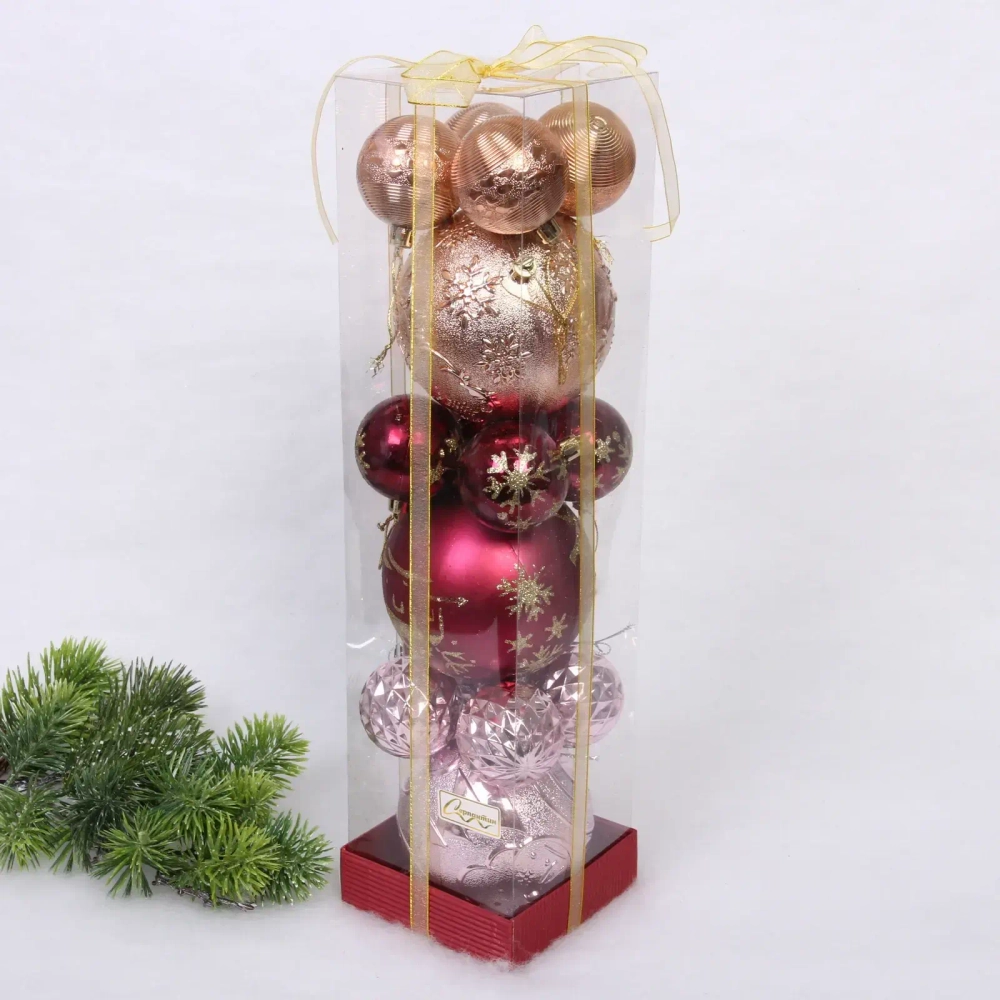 Набор шаров «Winter ice» 10 см + 5 см (15 предметов), Шампань/Рубин/Розовое золото