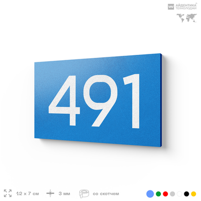 Номер на дверь 491, табличка на дверь для офиса, квартиры, кабинета, аудитории, склада, голубая 120х70 мм, Айдентика Технолоджи