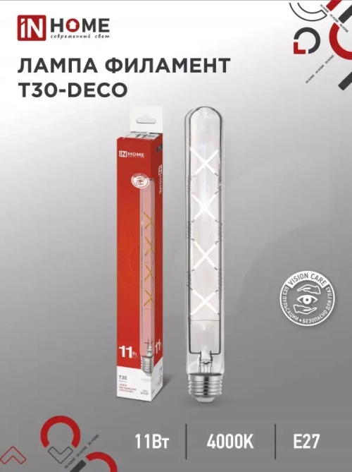 Лампа сд LED-T30-deco 11Вт Е27 4000К 1270Лм 300мм прозрачная IN HOME