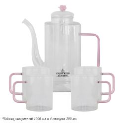Lenardi 139-065 Чайник заварочный 1000мл и 4 стакана 200мл в под.уп.(х6)Стекло