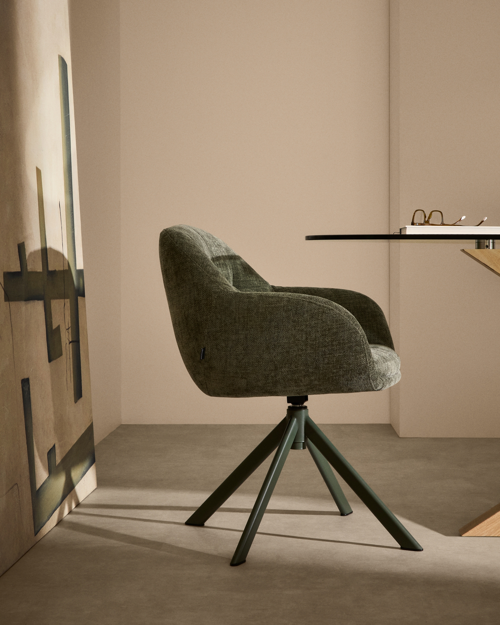 Lexa Вращающееся кресло из зеленого шенилла и стальными зелеными ножками