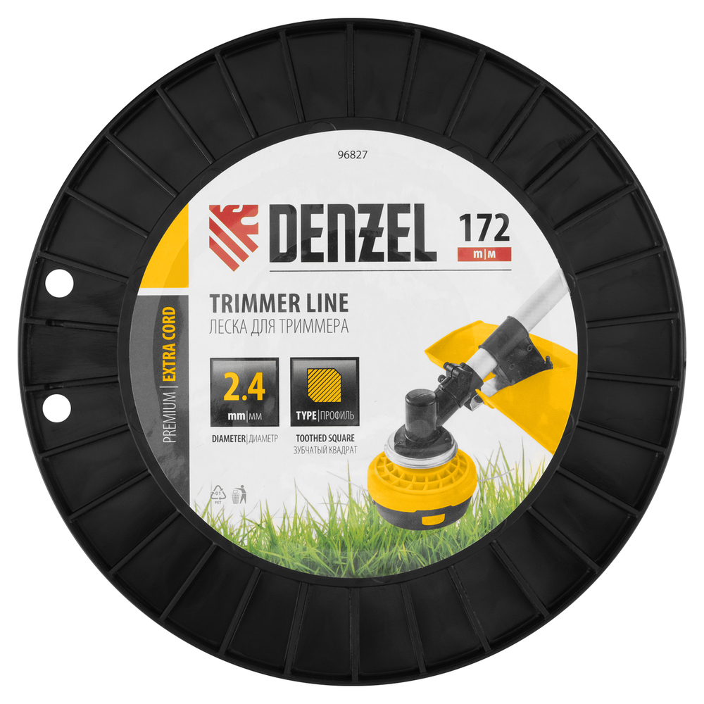 Леска для триммера двухкомпонентная зубчатый квадрат, 2,4мм х 172м, на DIN кат. EXTRA CORD Denzel
