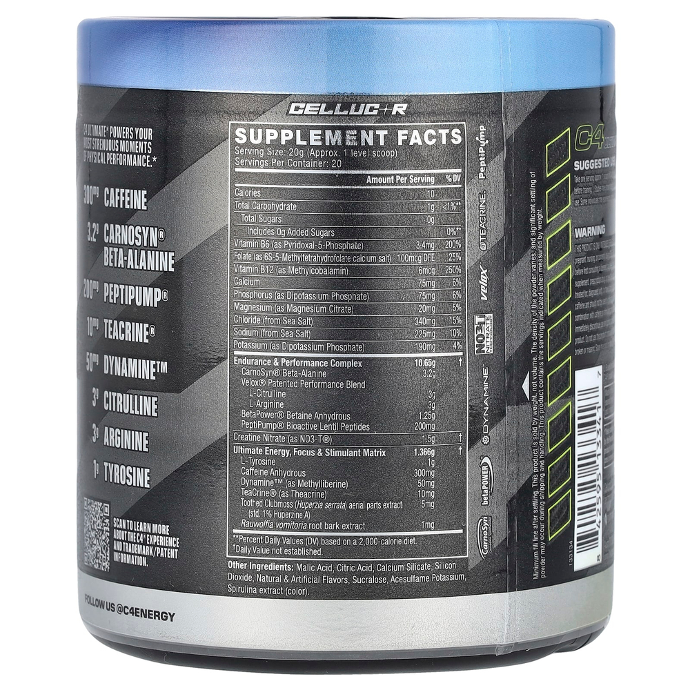C4 / Cellucor, C4® Ultimate, предтренировочная добавка, со вкусом голубой малины, 400 г (14,1 унции)