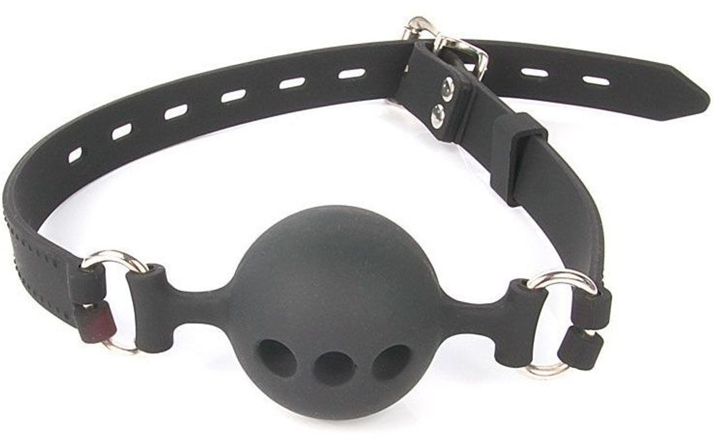 Черный силиконовый кляп-шарик с отверстиями на регулируемом ремешке (Цвет: черный)