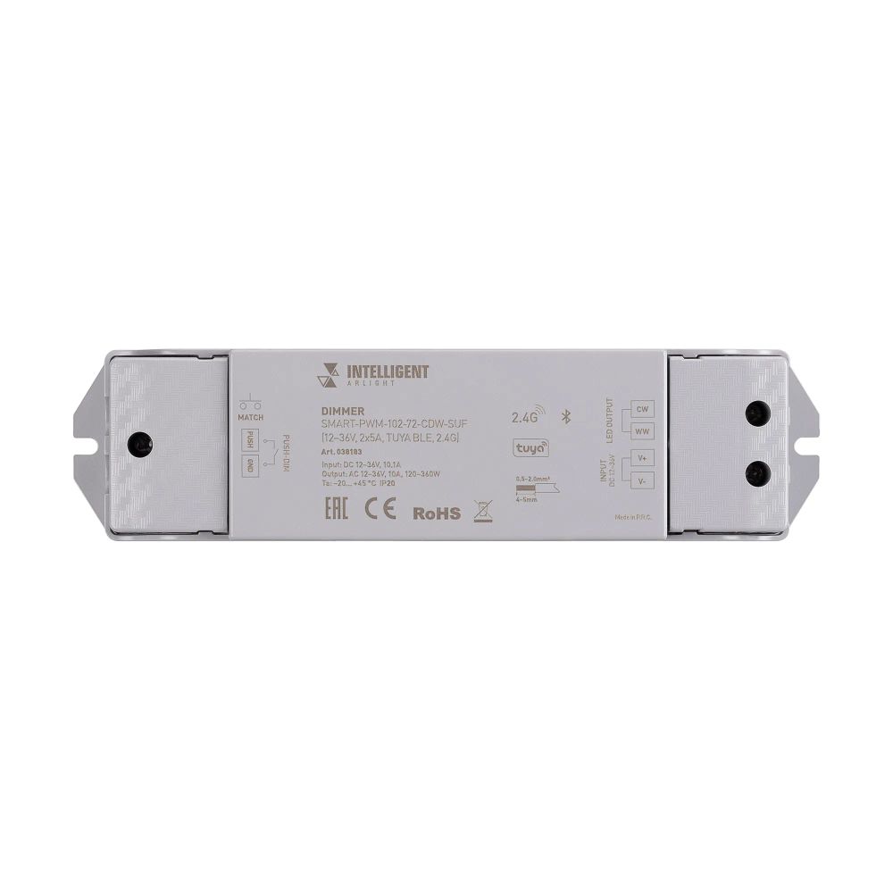 INTELLIGENT ARLIGHT Диммер SMART-PWM-102-72-CDW-SUF (12-36V, 2x5A, TUYA BLE, 2.4G) (IARL, IP20 Пластик, 5 лет) 038183