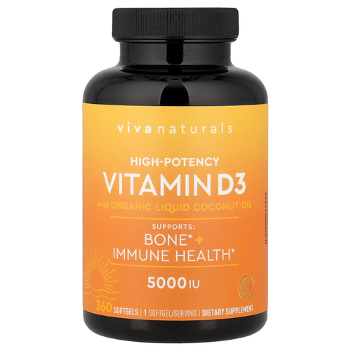 Viva Naturals, витамин D3 с органическим жидким кокосовым маслом, 125 мкг (5000 МЕ), 360 капсул
