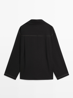 Massimo Dutti Рубашка из струящейся смесовой шерсти с карманом, черный