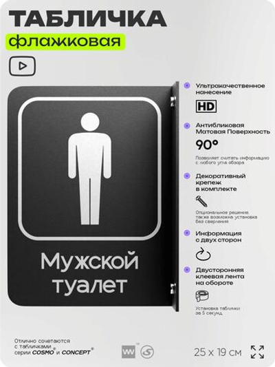 Табличка Мужской туалет флажковая на стену, двусторонняя с крепежом, 19 х 25 см, для офиса, кафе, отеля, серия COSMO, Айдентика Технолоджи
