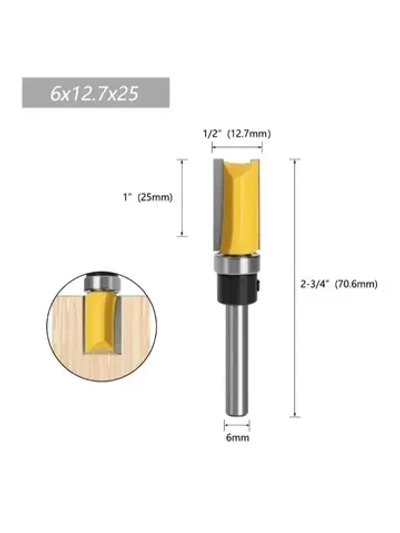 Фреза по дереву кромочная прямая для выборки заподлицо с верхним подшипником ,хвостовик 6 мм,3шт