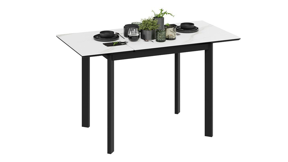 Стол кухонный обеденный раздвижной Черный муар/Керамика матовая белый мрамор 90(130)х65х75 см