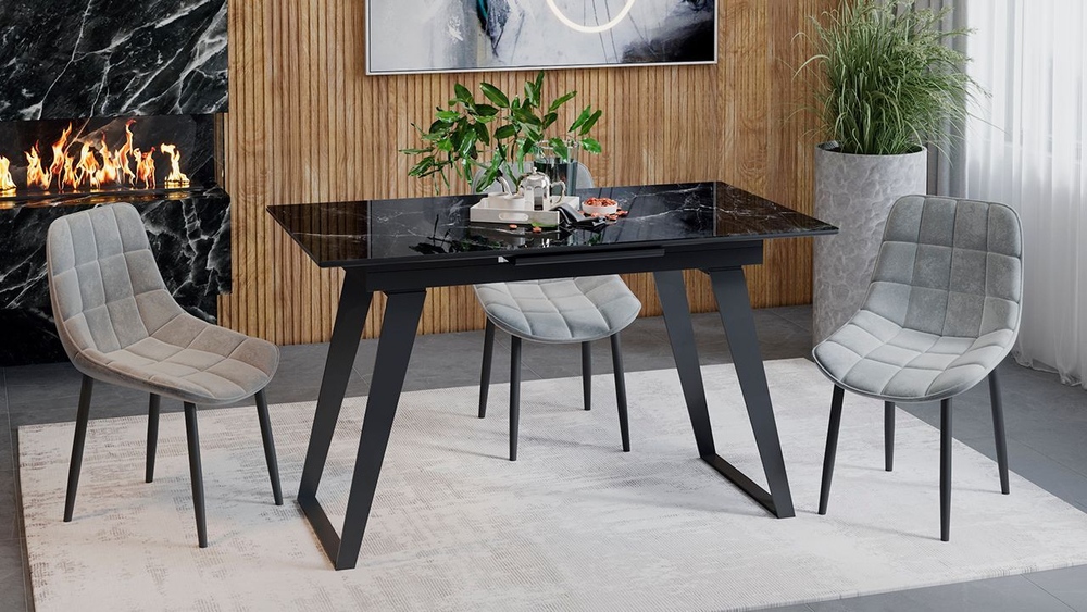 Стол кухонный обеденный раздвижной Черный муар/Стекло глянцевое черный мрамор 140(180)х80х77 см