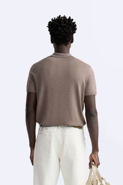 ZARA ПОЛО ИЗ СМЕСОВОЙ ВИСКОЗЫ, СЕРОВАТО-КОРИЧНЕВЫЙ