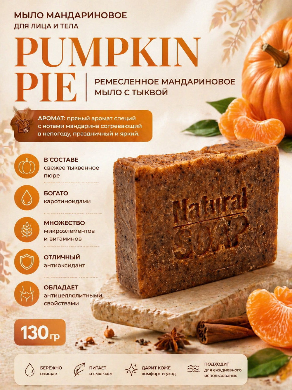Мыло мандариновое для лица и тела OLFACTORIUS "PUMPKIN PIE" ("Тыквенный пирог", ремесленное мандариновое мыло с тыквой). (130гр.)