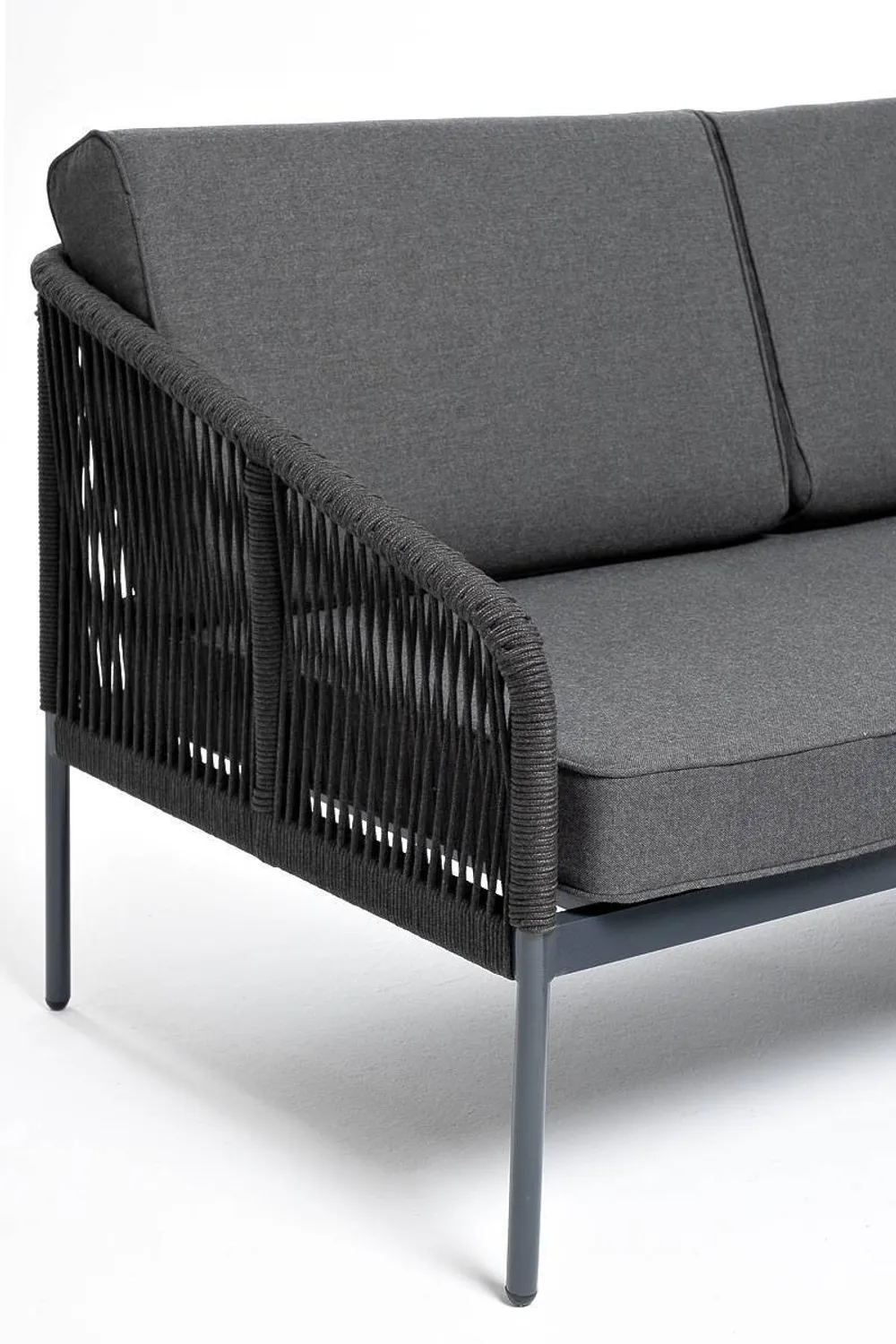 "Канны" правый модуль плетеный из роупа, каркас алюминий темно-серый (RAL7024) муар, роуп темно-серый круглый, ткань темно-серая 027