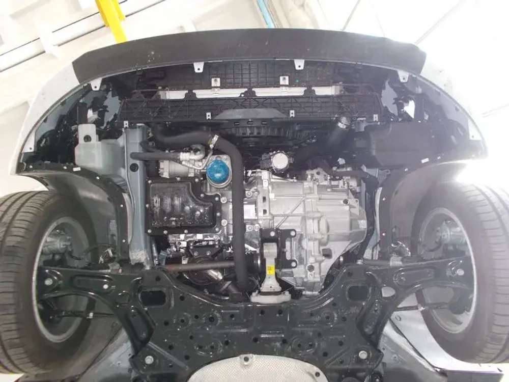 Защита картера двигателя, КПП (1,8 мм, сталь) для Kia Ceed 2018- (V = 1.4T CVT FWD; 1.6 MT FWD), Kia Ceed универсал 2018- (V = 1.4 Turbo CVT FWD), Kia ProCeed 2018- (V = 1.6 Turbo CVT FWD) Sheriff.11.3925 V1