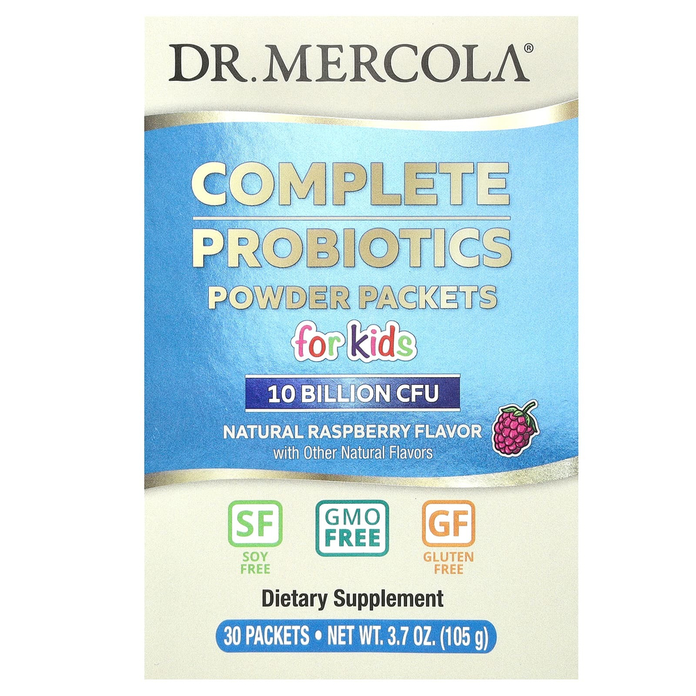 Dr. Mercola, полный комплекс пробиотиков в порошке, для детей, натуральная малина, 10 млрд КОЕ, 30 пакетиков по 3,5 г (0,12 унции)