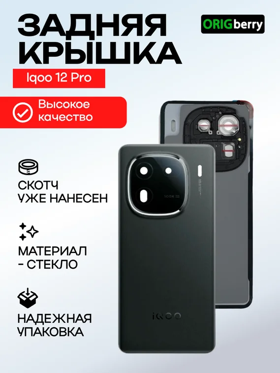 Задняя крышка для Iqoo 12 Pro черная (Black) со стеклом камеры