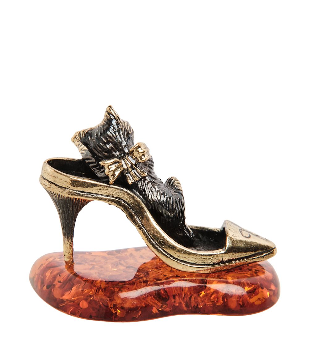 Народные промыслы AM- 386 Фигурка «Кошка на туфельке» (латунь, янтарь)