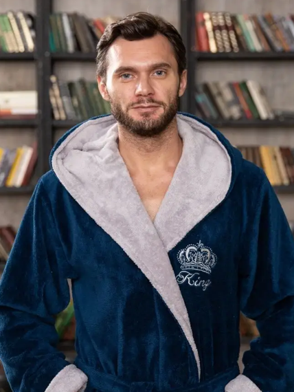 Халат мужской KING с капюшоном Морская волна "Polens"