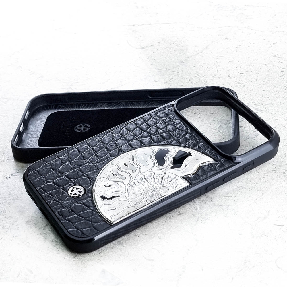 Шикарный чехол iPhone с аммонитом крокодил - Euphoria HM Premium - натуральная кожа, ювелирный сплав