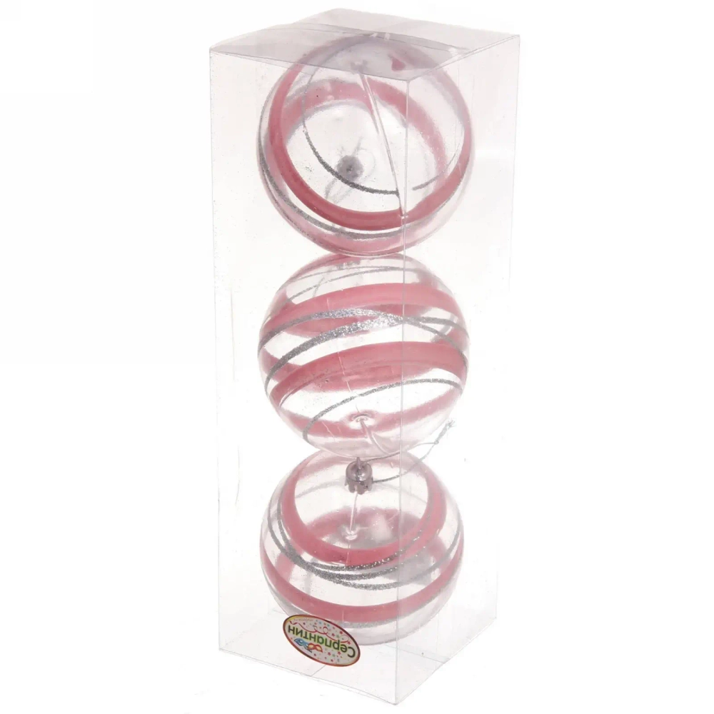 Новогодние шары 8 см (набор 3 шт) «Сказочный узор», розовый/серебро