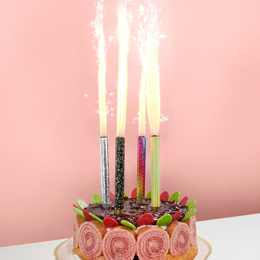 Свеча Фонтан для торта, 30 сек, Золотые звезды, Черный, Металлик, 10 см, 4 шт. с держат