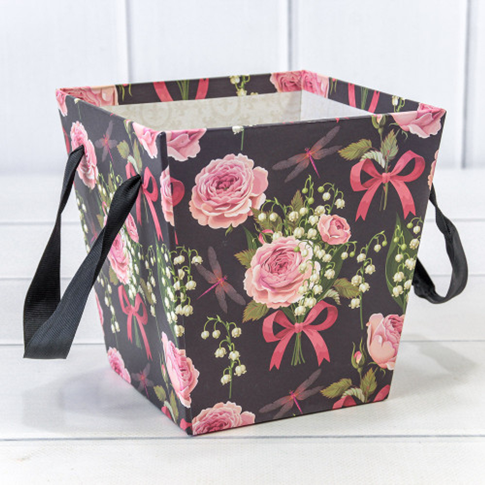 Коробка Ваза для цветов 14.5х14.5х15 см "Ландыши и розы" с ручками (Черный)