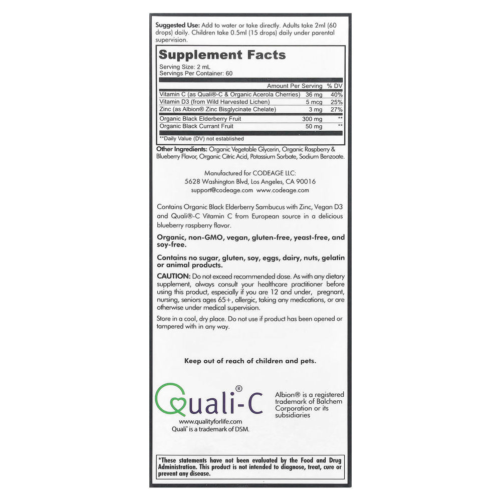 Codeage, Vitamins, бузина и иммунный комплекс, голубика и малина, 120 мл (4 жидк. унц.)