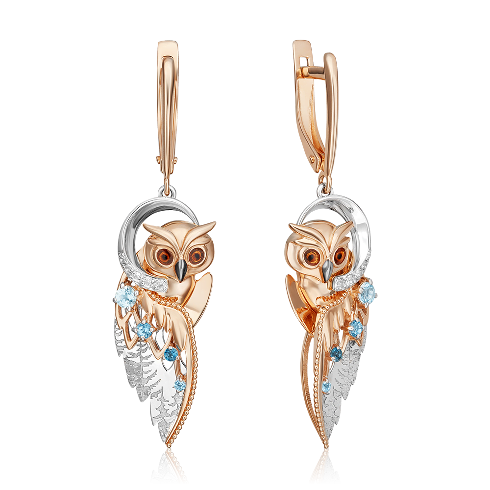 Серьги «Загадочность» с английским замком из комбинированного золота с топазами, натуральными топазами white и эмалью