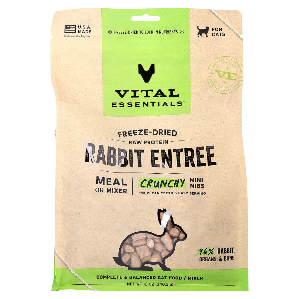 Vital Essentials, сублимированный сырой протеин, хрустящие мини-бобы, для кошек, блюдо из кролика, 340,2 г (12 унций)