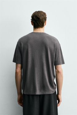 ZARA ФУТБОЛКА ИЗ ЛЬНА И ВИСКОЗЫ, ТЕМНО-СЕРЫЙ