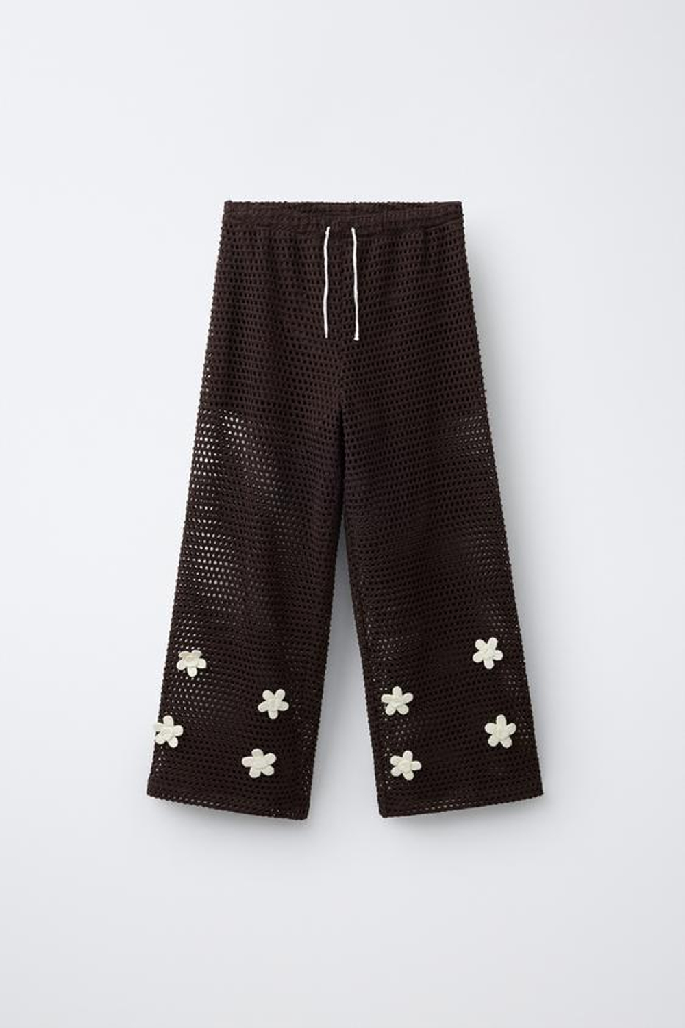 ZARA БРЮКИ WIDE LEG С ВЯЗАНЫМИ ЦВЕТАМИ, КОРИЧНЕВЫЙ