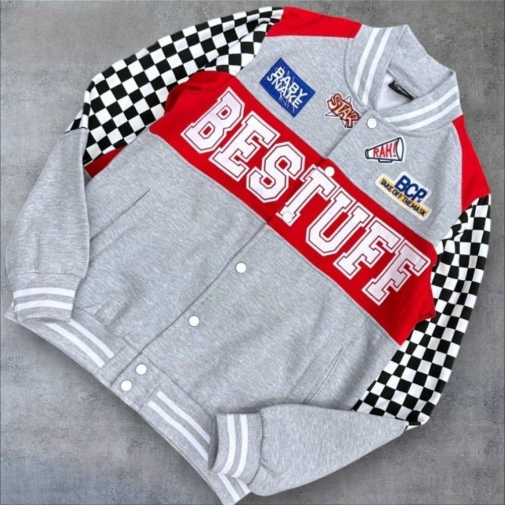 Бомбер, унисекс, хлопок, подкладка флис с начёсом, размер 46-54, цвет серый с красным