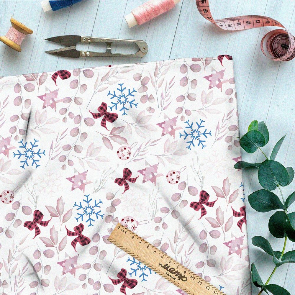 Ткань сатин красные листья, клетчатые банты и снежинки