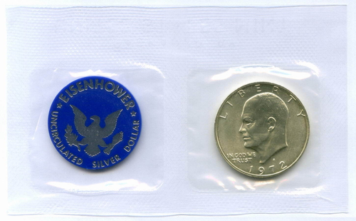 1 доллар 1972 год (S). США. Эйзенхауэр. Серебро, диаметр 38.1 мм. UNC с жетоном в родной запайке