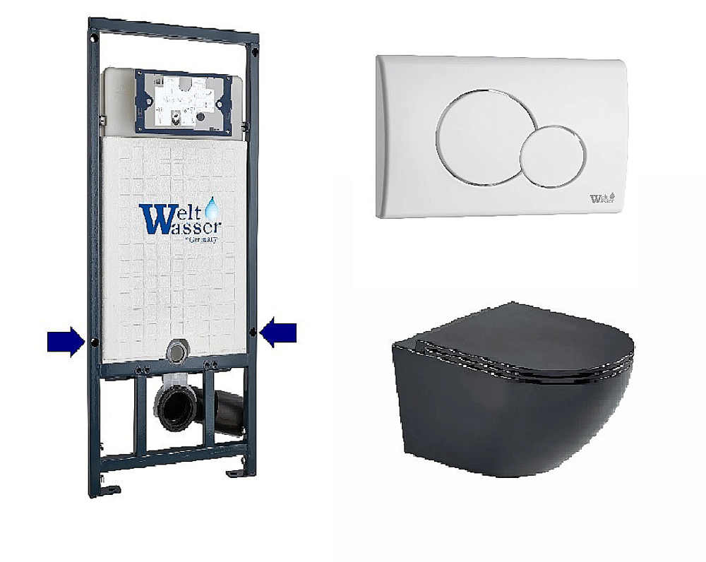 Унитаз подвесной WeltWasser WW MERZBACH 10000014147 с крышкой микролифт, безободковый, смыв торнадо, в комплекте с инсталяцией, черный матовый