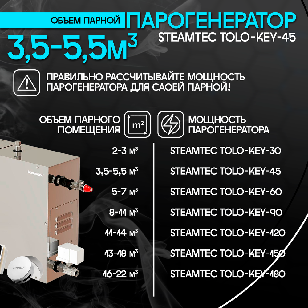 Парогенератор для хамама и турецкой бани Steamtec TOLO-45-KEY, 4.5 кВт (стандартный модуль управления)