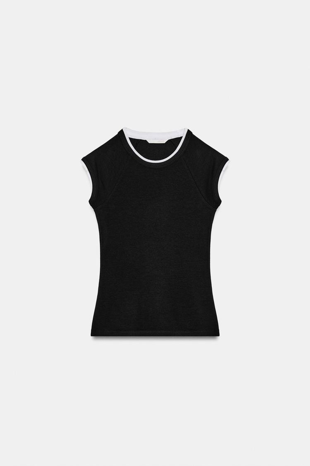 ZARA ФУТБОЛКА С ЭФФЕКТОМ ДВОЙНОГО РУКАВА, ЧЕРНЫЙ