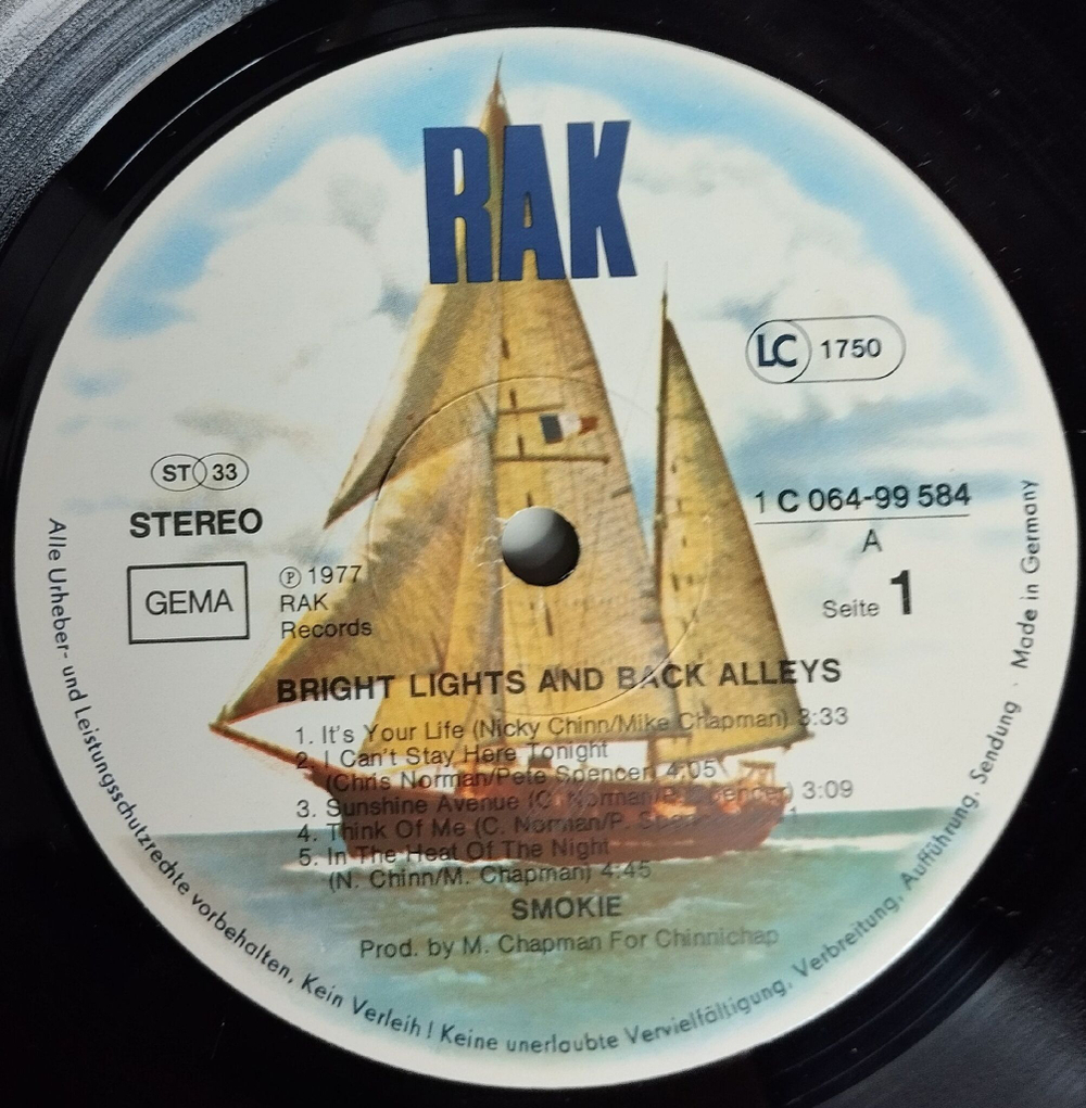 Винтажная виниловая пластинка LP Smokie Bright Lights and Back Alleys (Germany 1977)