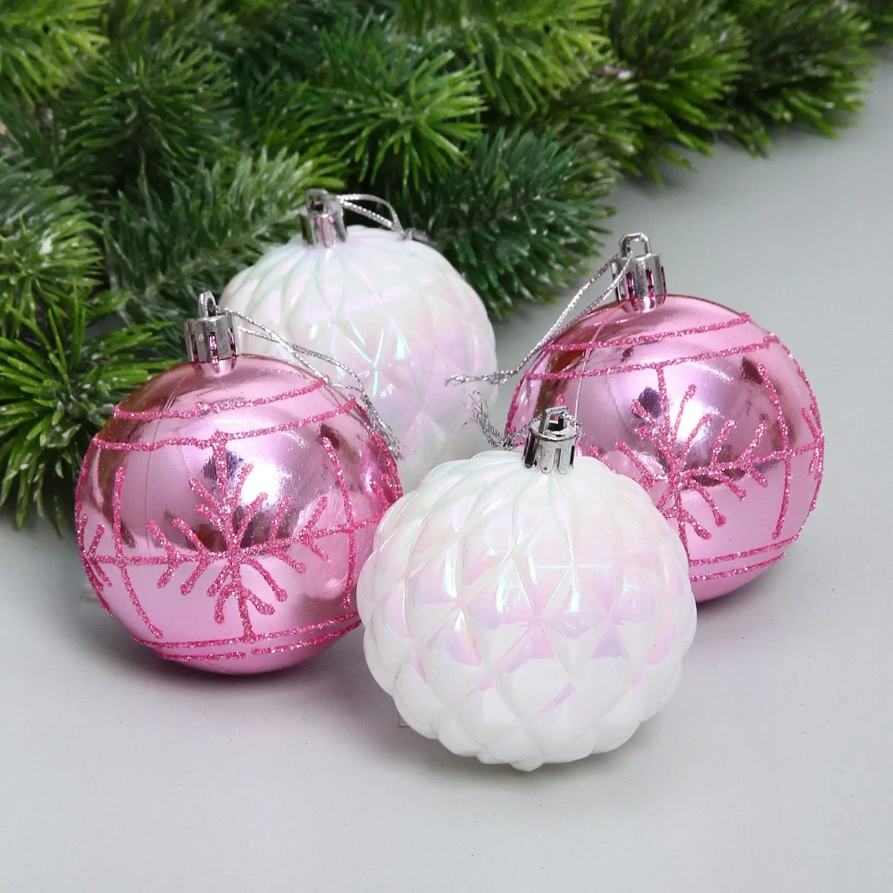 Набор шаров «Метелица» 7 см (в наборе 4 шт), Белый, розовый