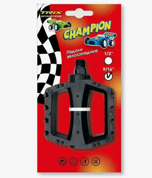 Педали детские TRIX Champion, пластиковые, 100x80мм, резьба 9/16", с шипами, черные (60)