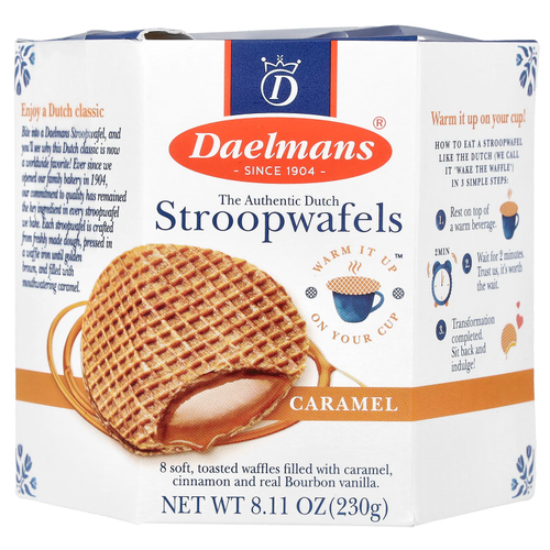 Daelmans, круглые вафли-сэндвичи с карамельной прослойкой, карамель, 8 вафлей по 230 г (8,11 унции)