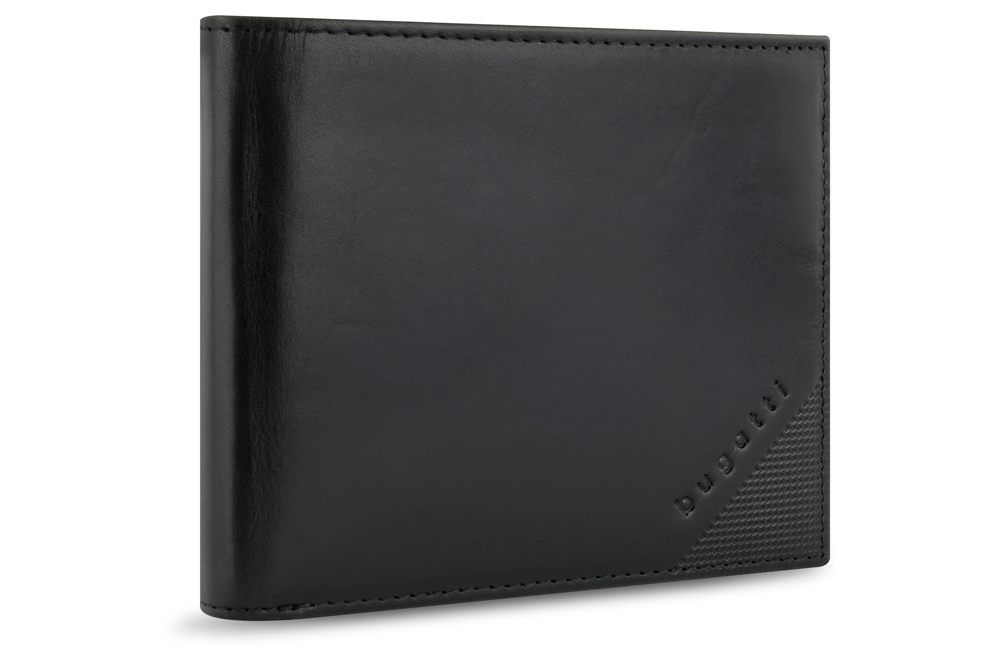 Стильное премиальное мужское портмоне чёрного цвета из натуральной кожи с RFID защитой BUGATTI 49125401 в подарочной коробке